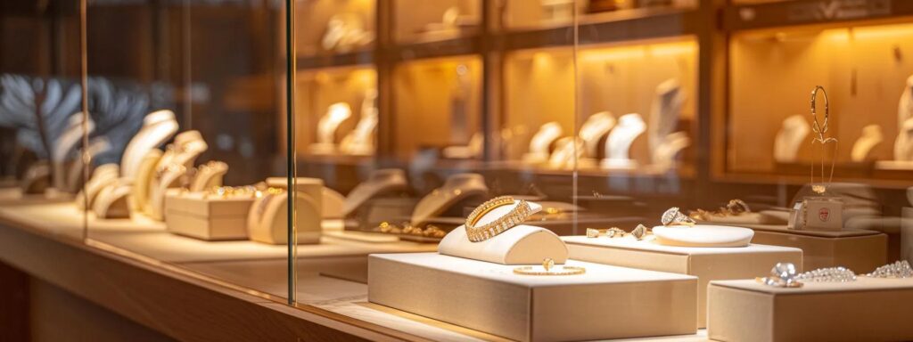 uma exposição elegantemente organizada de joias luxuosas em uma embalagem requintada e ecológica, iluminada por uma luz suave e quente que realça os detalhes cintilantes e transmite a essência do sucesso de uma pequena empresa.